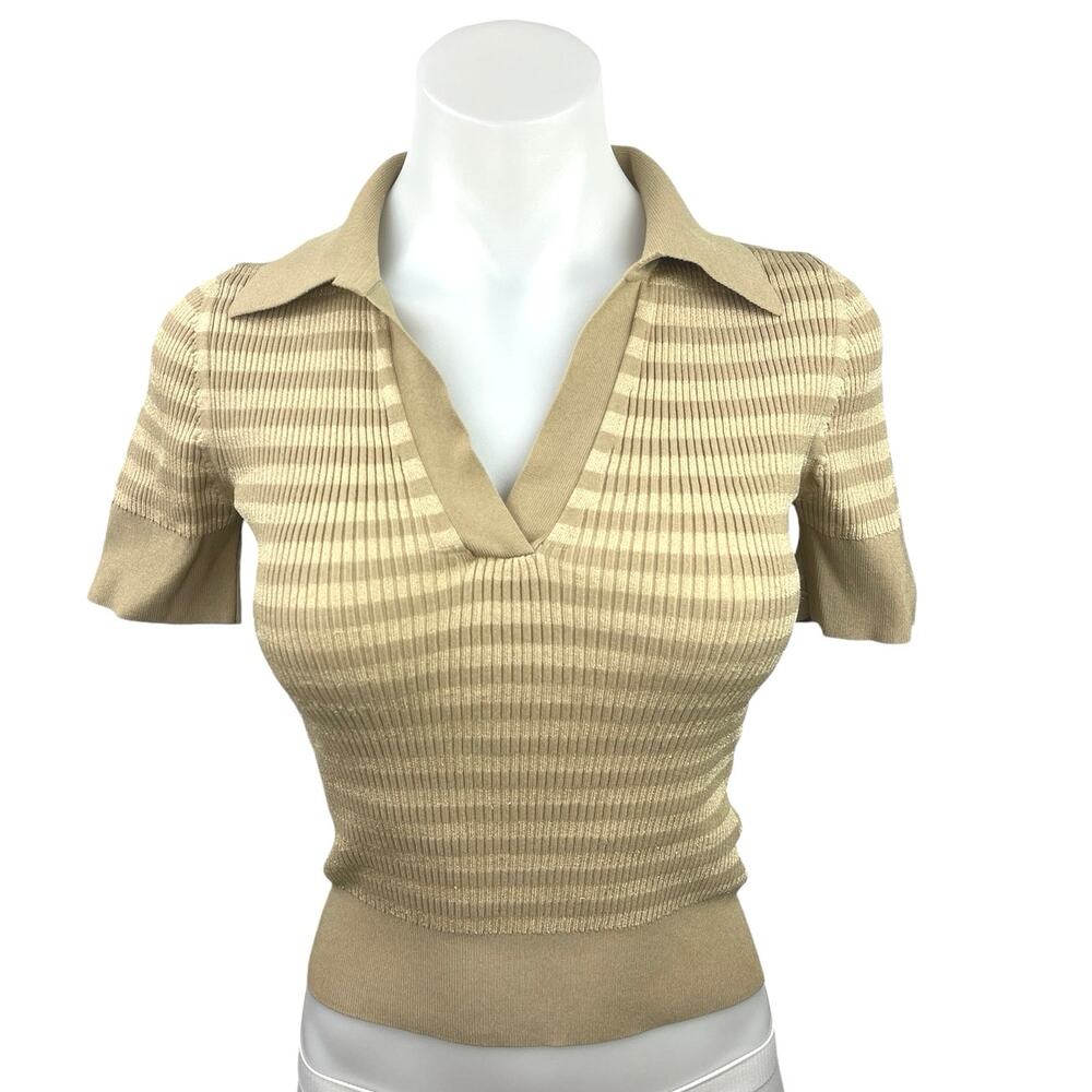 MICHAEL Michael Kors Metallic Gold Striped Collar V-Neck Knit Crop Polo Top 2XS